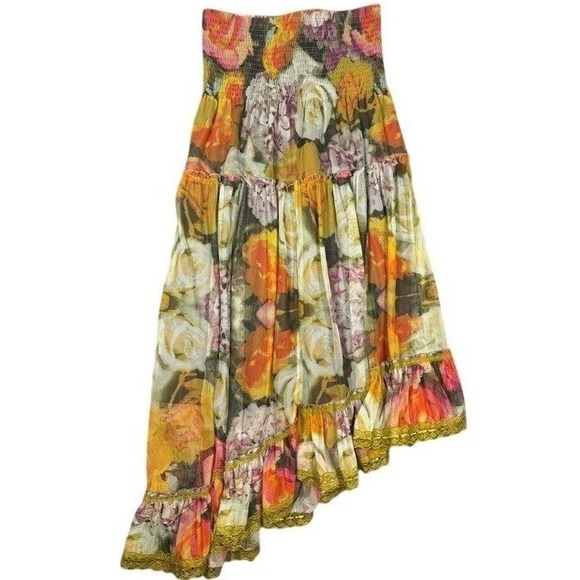 Lapis Dresses & Skirts - Lapis Womens Floral Mesh Tiered Asymmetrical Maxi Skirt Smocked Waist Medium